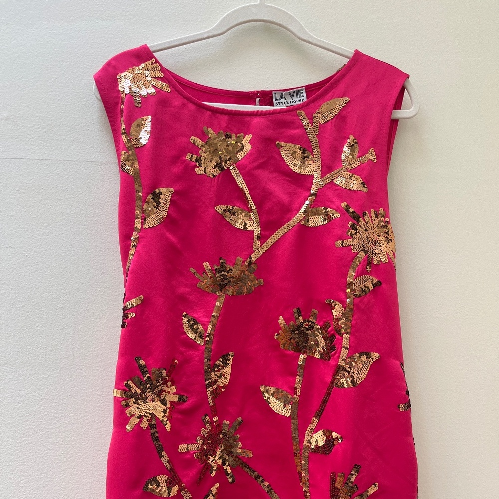 La Vie Hot Pink Sequin Floral Maxi Dress with Gold Embroidery